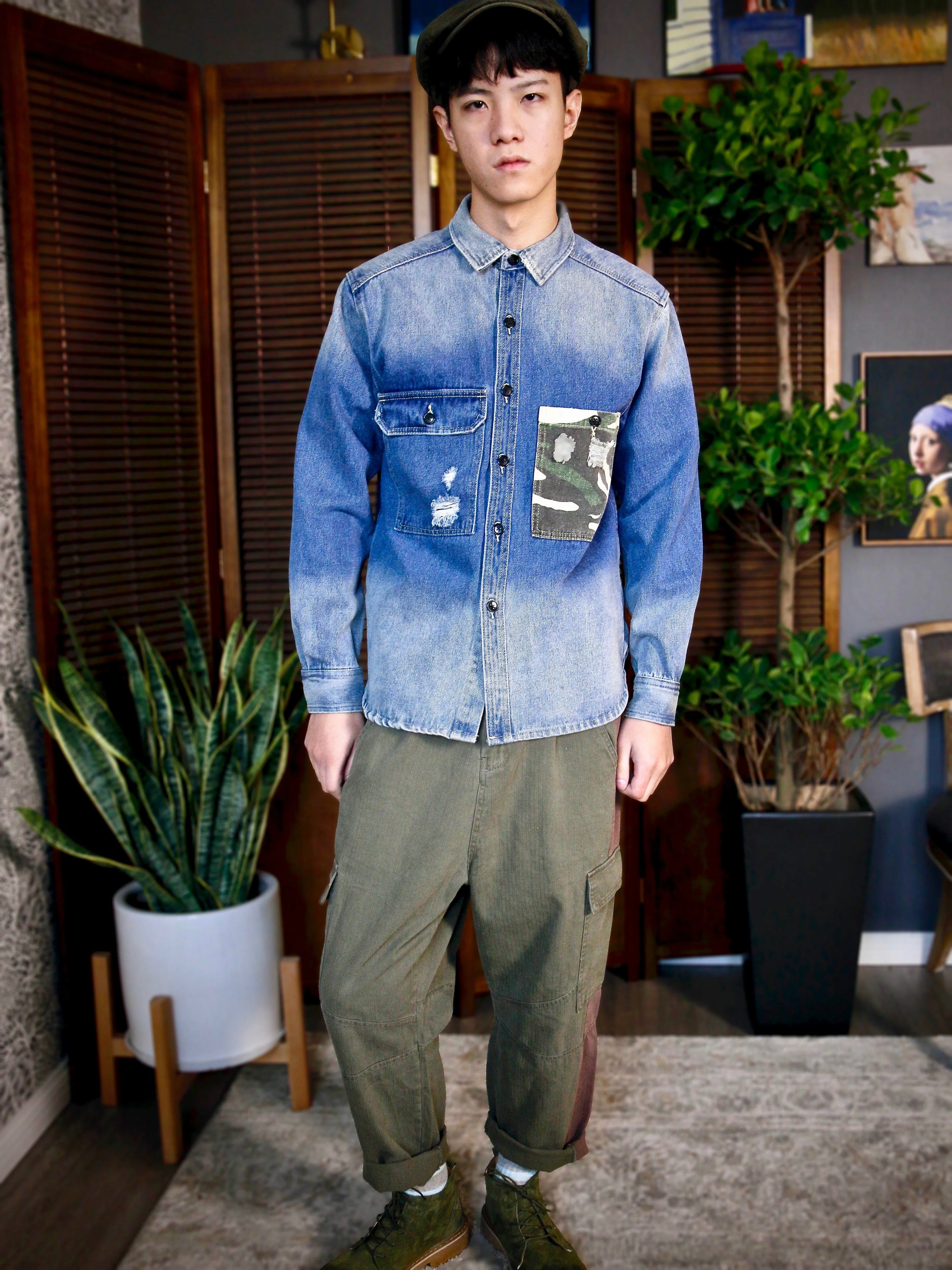 Stone-Washed Denim Shirt with Patched Camouflage Pocket