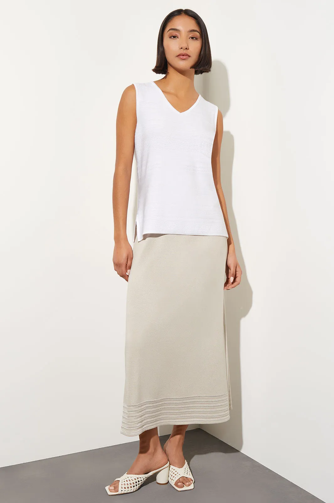 Striped Burnout Hem Midi Skirt - Soft Knit, Limestone