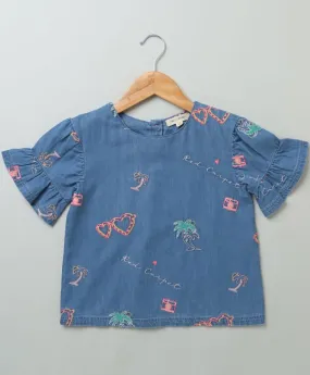 Sweetlime By AS Cotton Denim Blouse with Palm Tree and Neon Heart Embroidery.