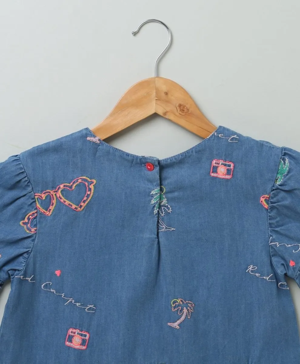 Sweetlime By AS Cotton Denim Blouse with Palm Tree and Neon Heart Embroidery.