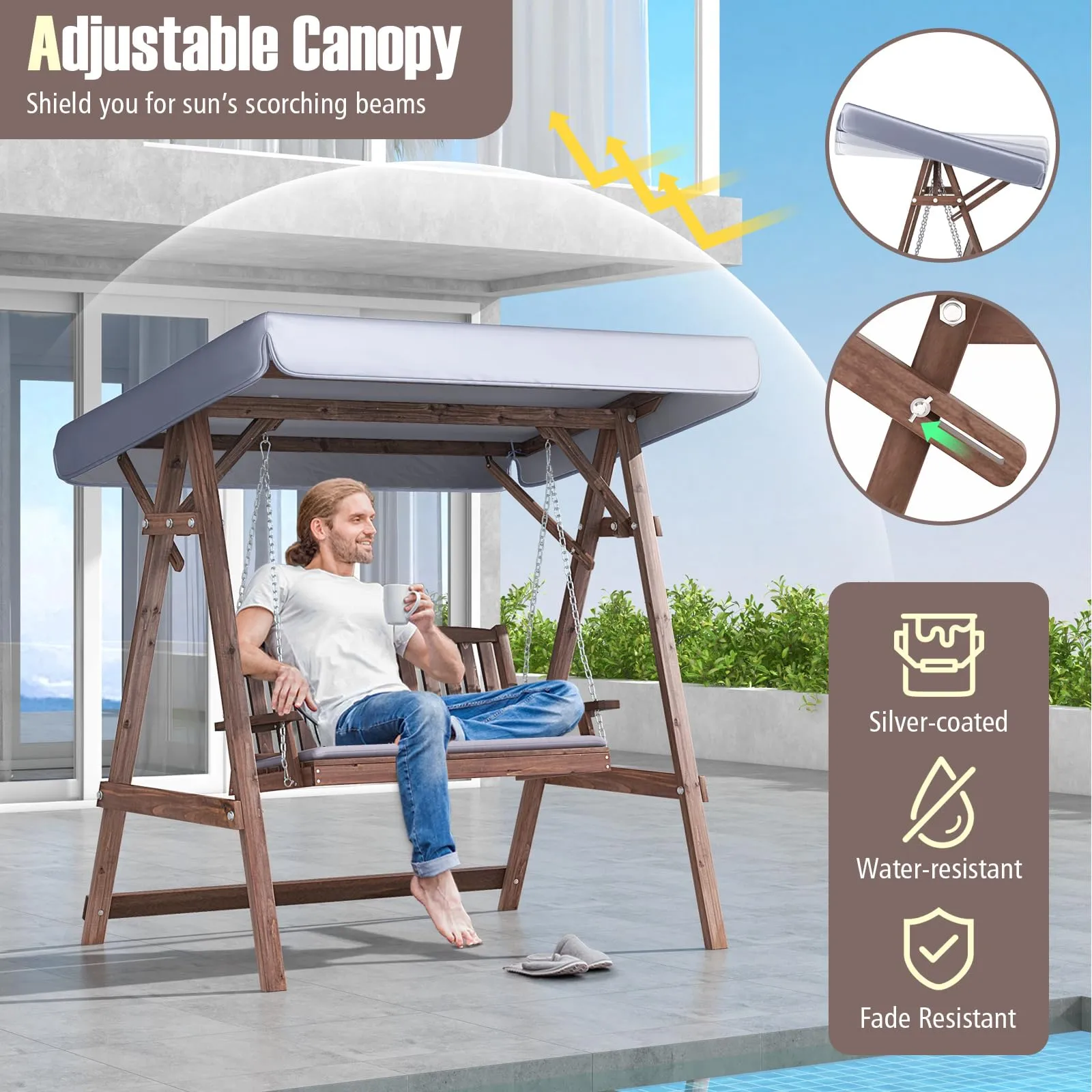 Tangkula Wooden Porch Swing, 2 Person A-Frame Outdoor Swing with Adjustable Canopy, Cushion, Armrests