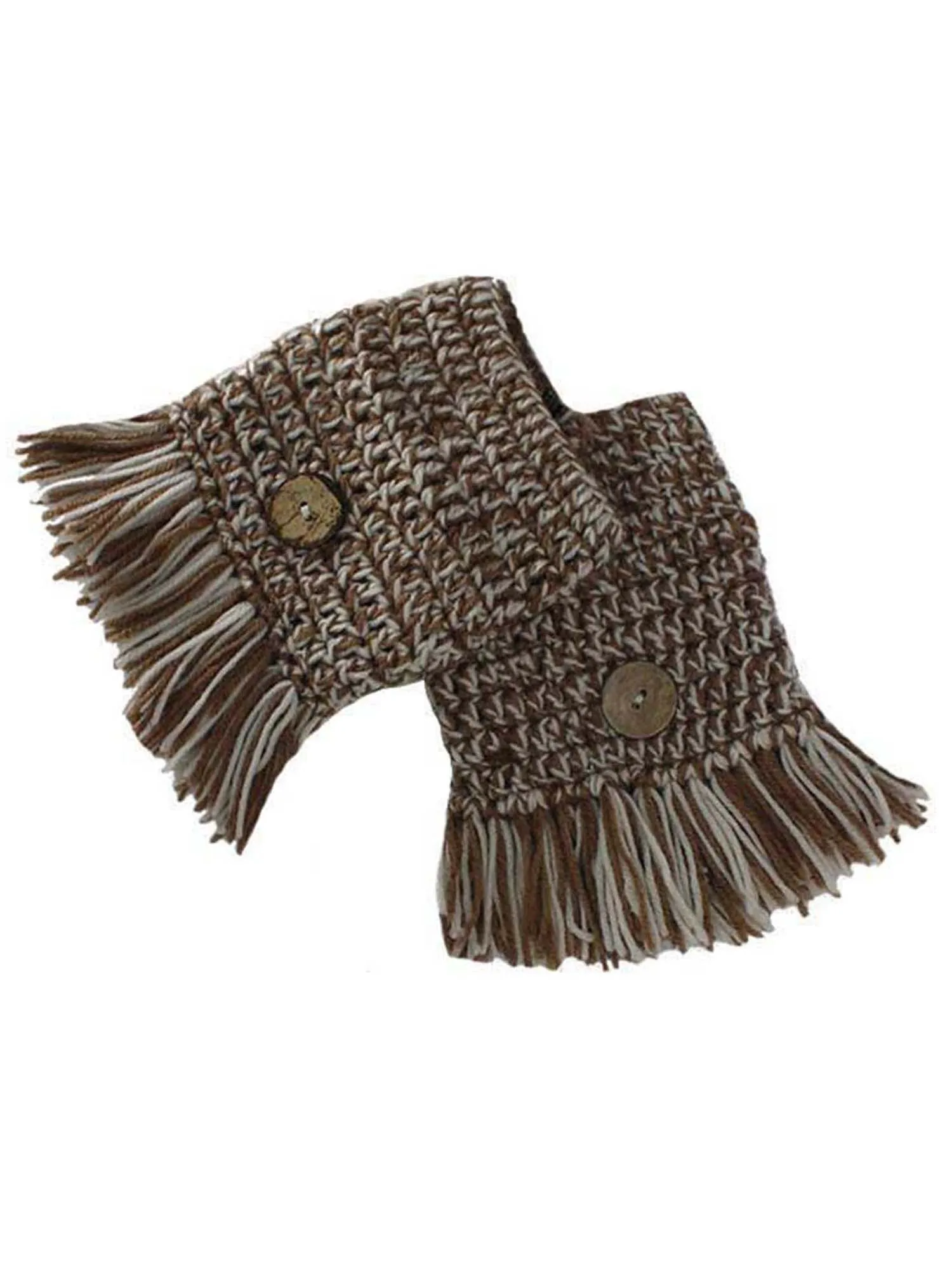 Taupe & White Tassel Boot Cuffs With Button Trim