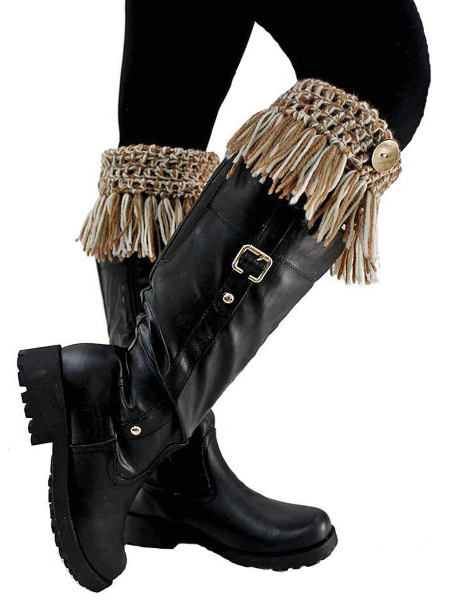 Taupe & White Tassel Boot Cuffs With Button Trim