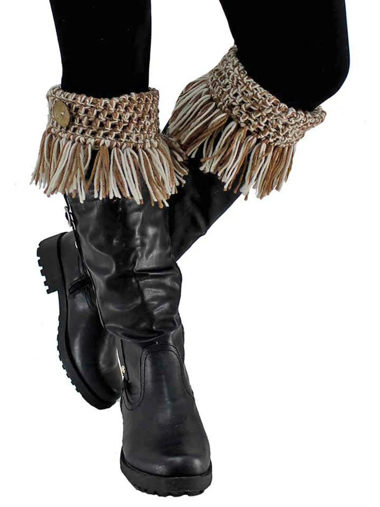 Taupe & White Tassel Boot Cuffs With Button Trim