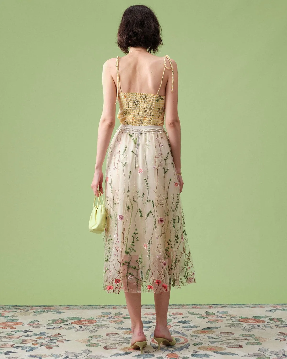 The High Waisted Floral Embroidery A-line Midi Skirt