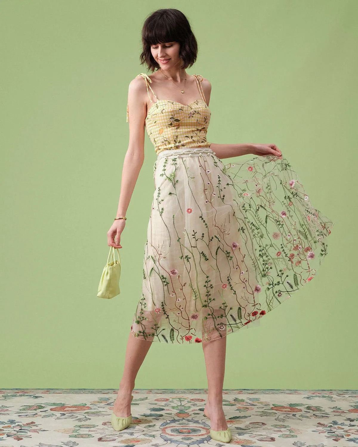 The High Waisted Floral Embroidery A-line Midi Skirt