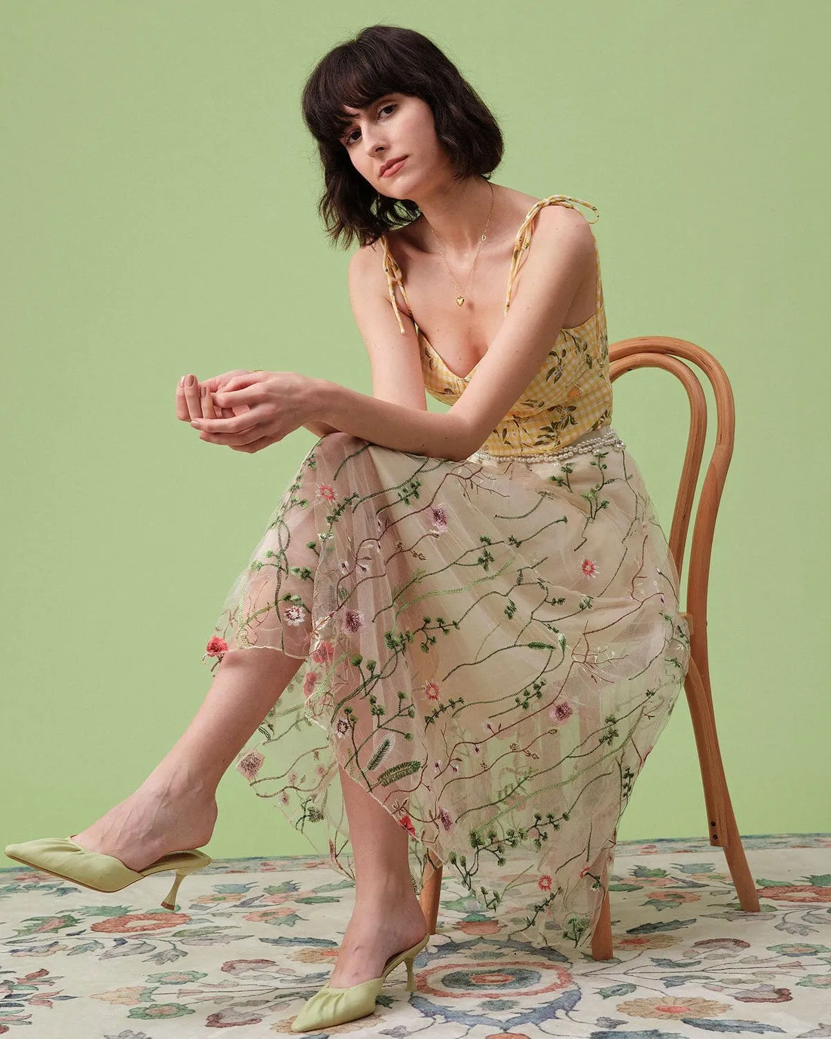 The High Waisted Floral Embroidery A-line Midi Skirt