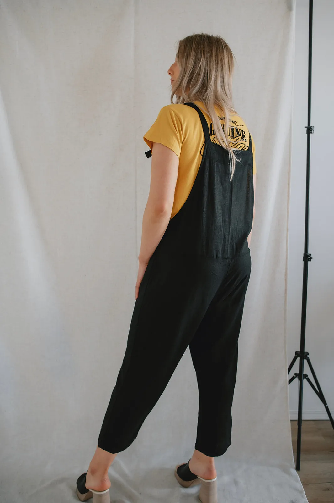 The Linen Blend Knotted Overall - Black