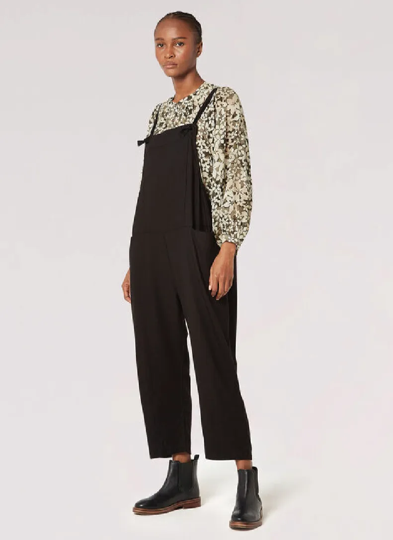 The Linen Blend Knotted Overall - Black