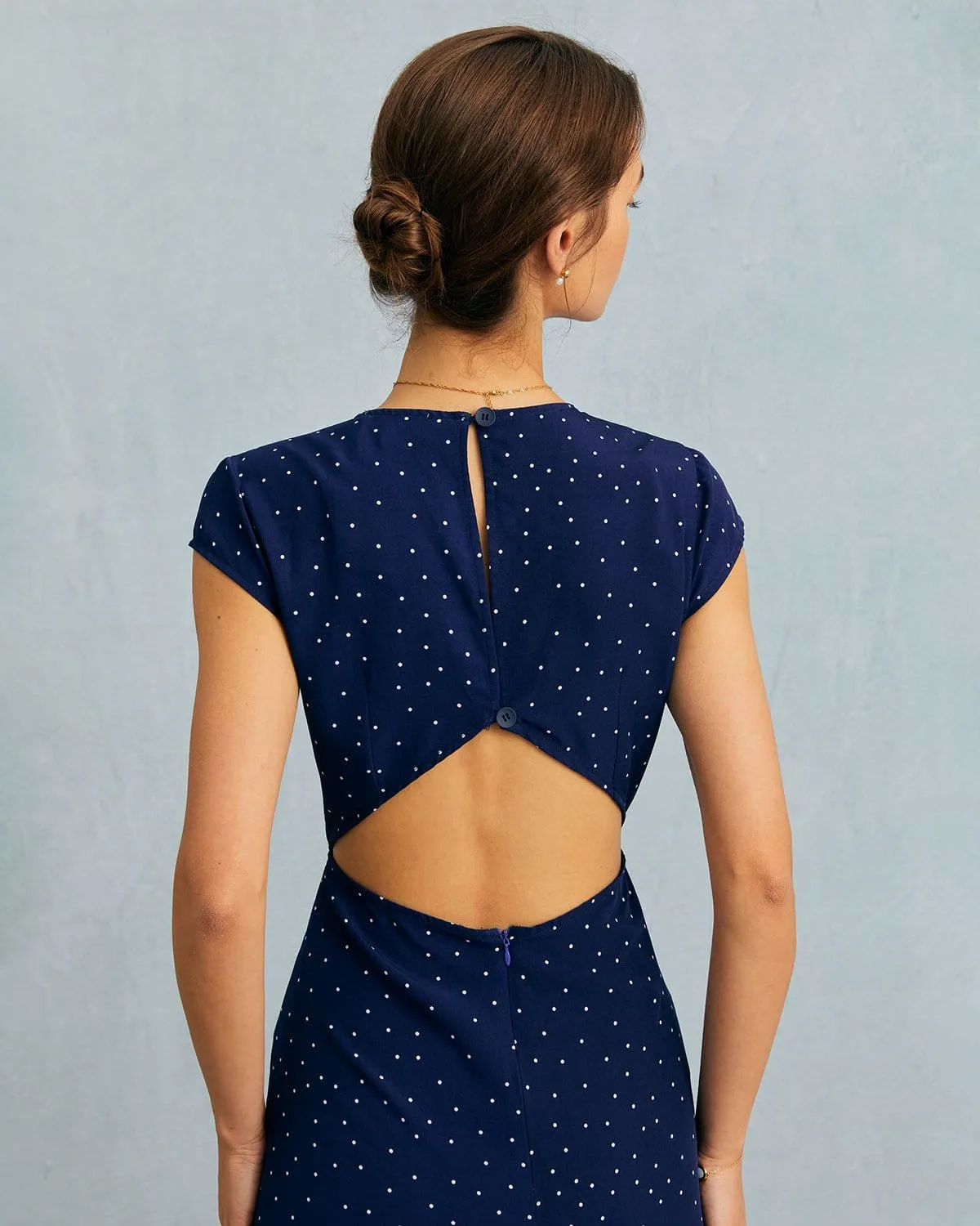 The Navy Round Neck Polka Dot Cutout Midi Dress