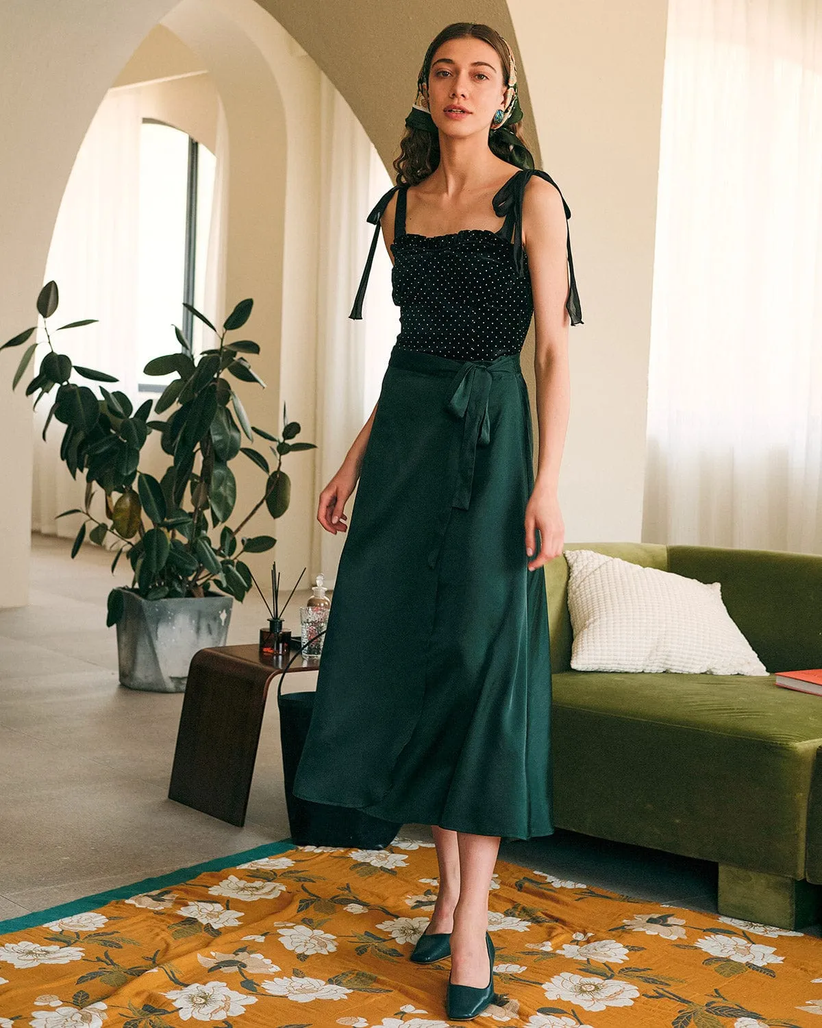 The Tie Waist High Waisted Satin Midi Skirt