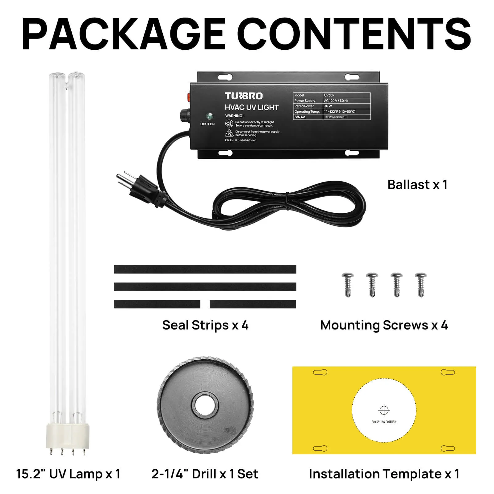 UV36P 36W UV Light Kit for HVAC Duct Cleaning, Direct plug-in (120V)