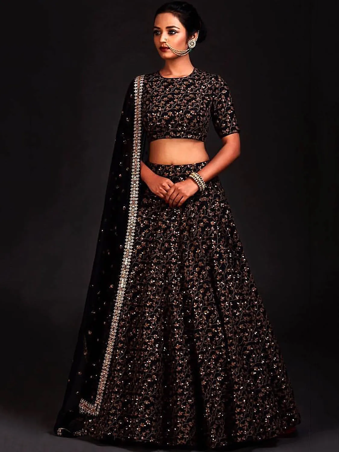 Vine Pattern Golden Sequins Black Silk Lehenga Choli Set