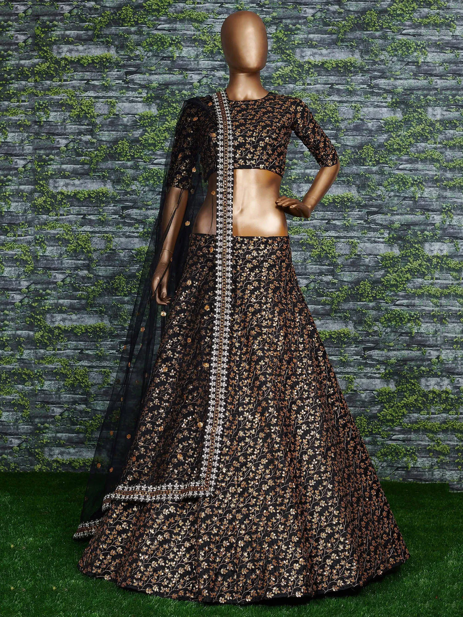 Vine Pattern Golden Sequins Black Silk Lehenga Choli Set