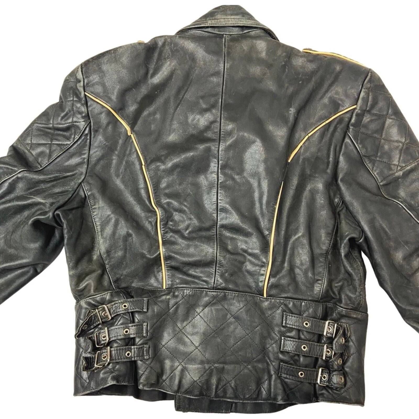 Vintage 60s Black Biker Spoon Collar Quilted Leather Jacket M