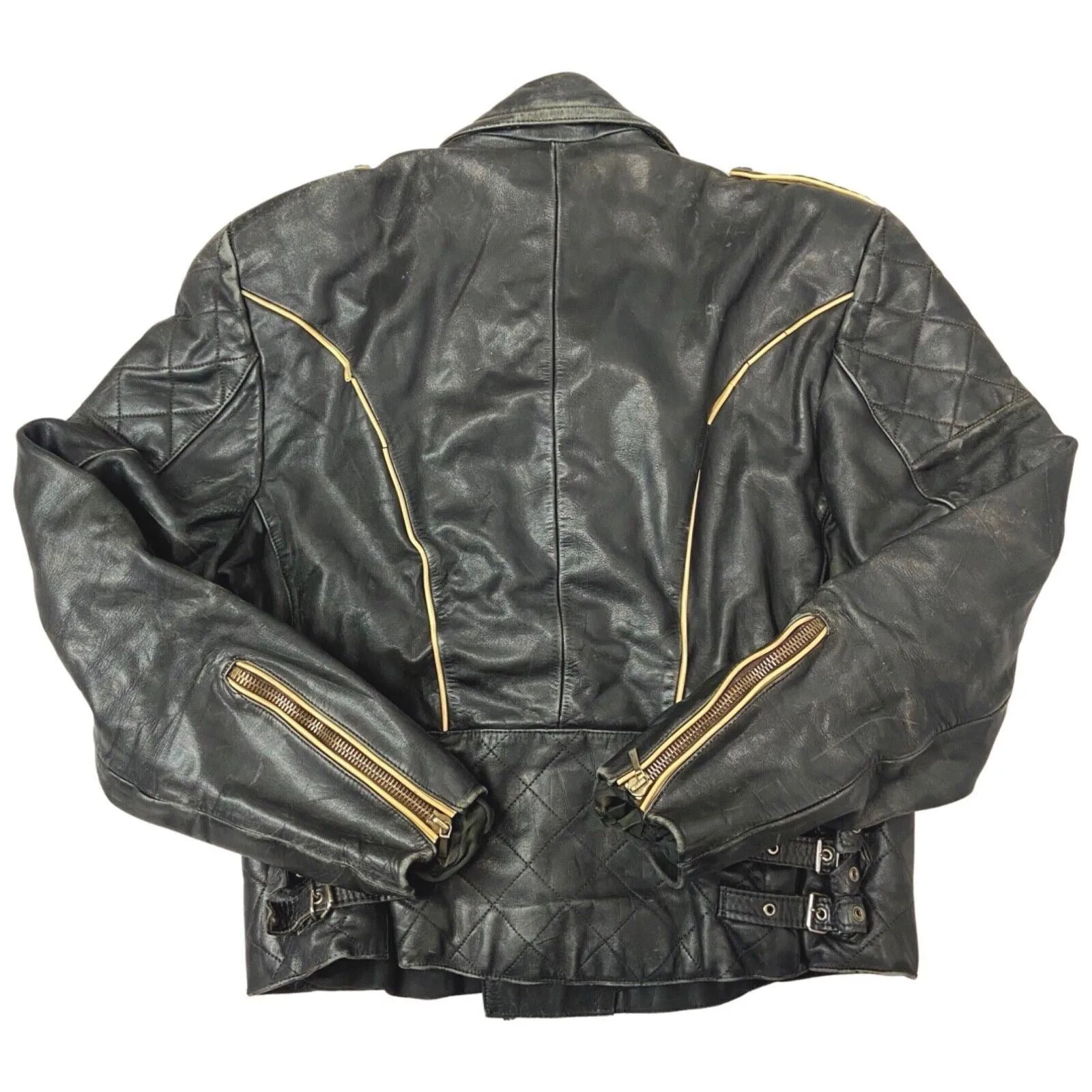 Vintage 60s Black Biker Spoon Collar Quilted Leather Jacket M