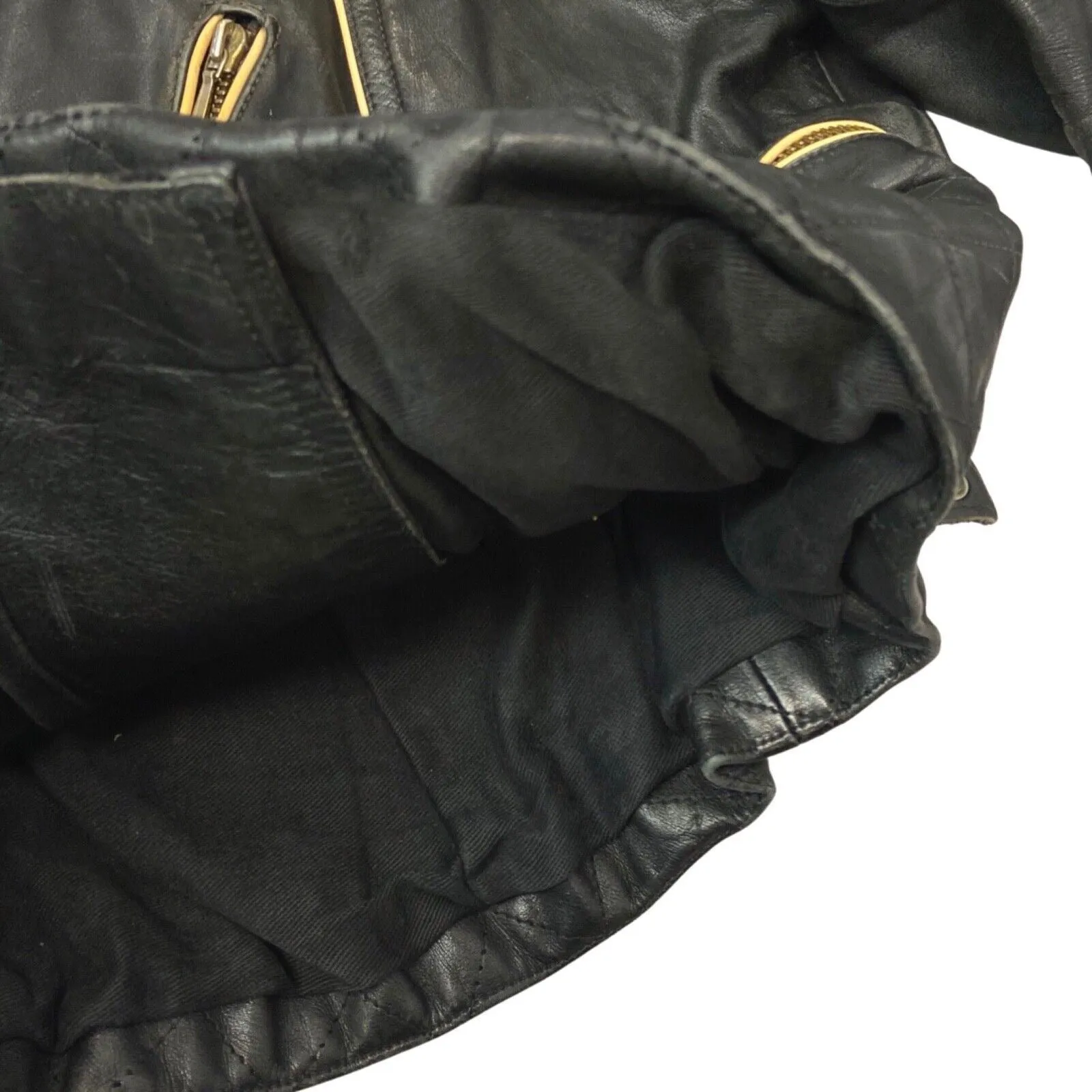 Vintage 60s Black Biker Spoon Collar Quilted Leather Jacket M