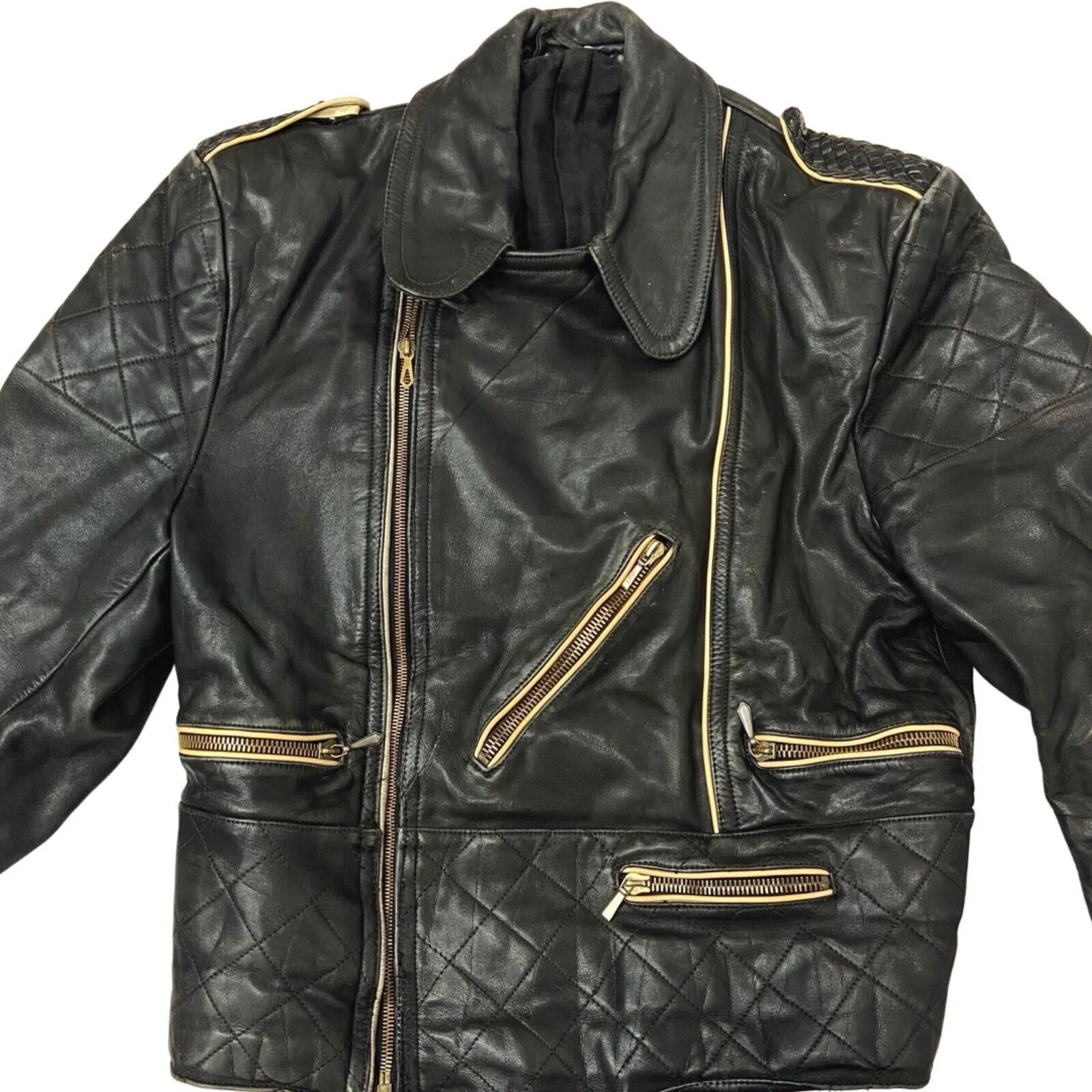 Vintage 60s Black Biker Spoon Collar Quilted Leather Jacket M