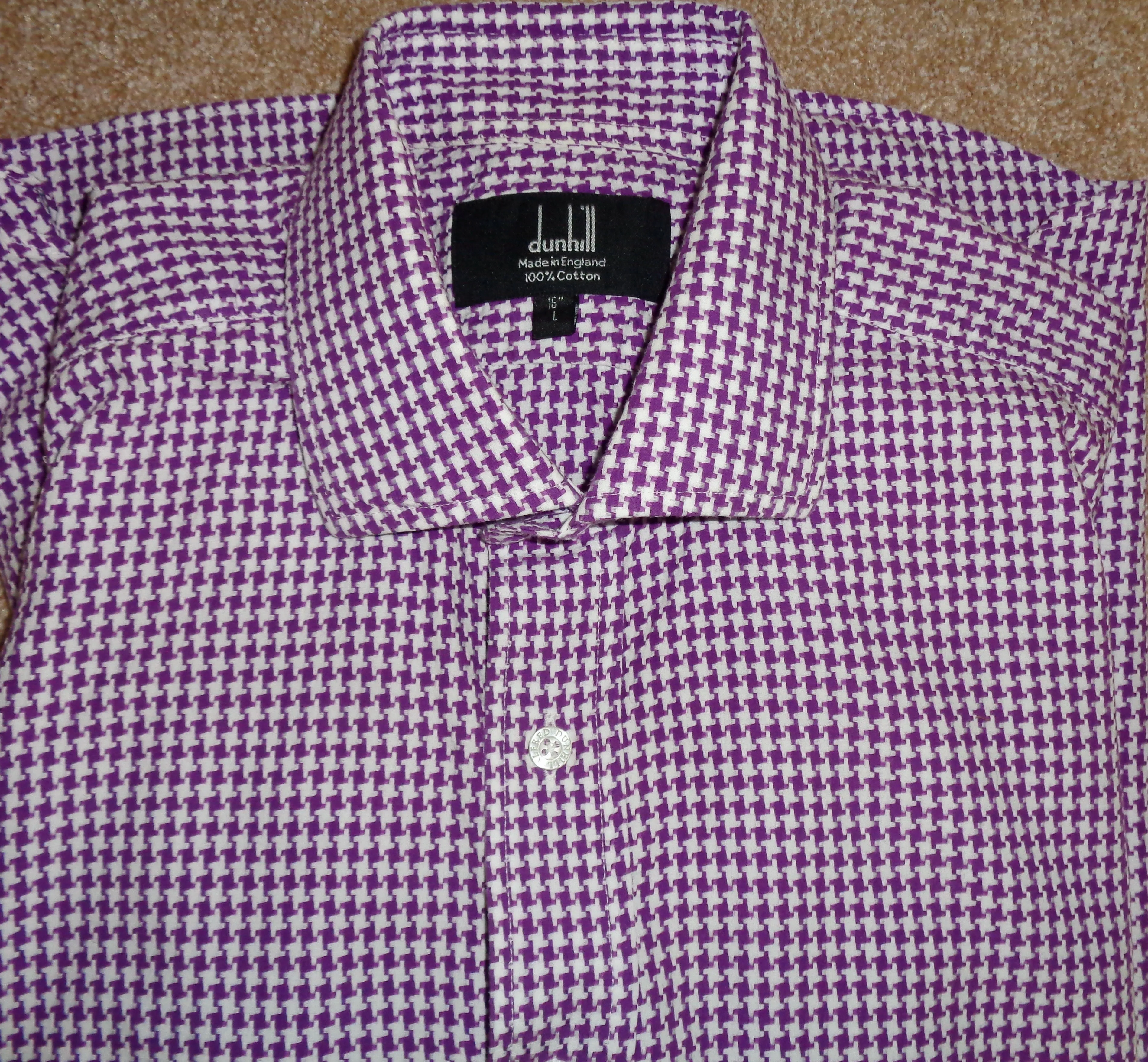 Vintage Dunhill Purple Check Long Sleeve 100% Cotton Shirt With A 16 Inch Collar