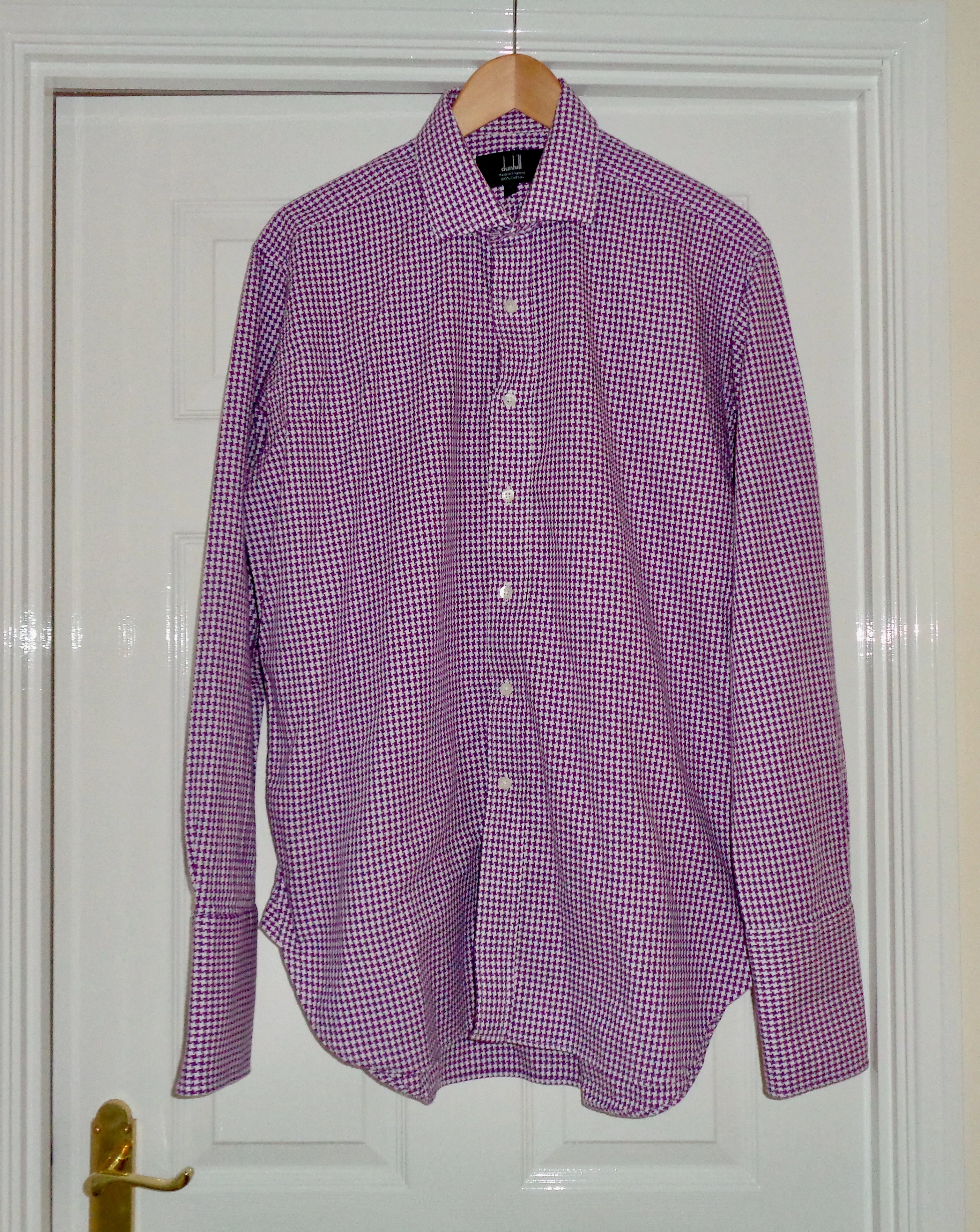 Vintage Dunhill Purple Check Long Sleeve 100% Cotton Shirt With A 16 Inch Collar