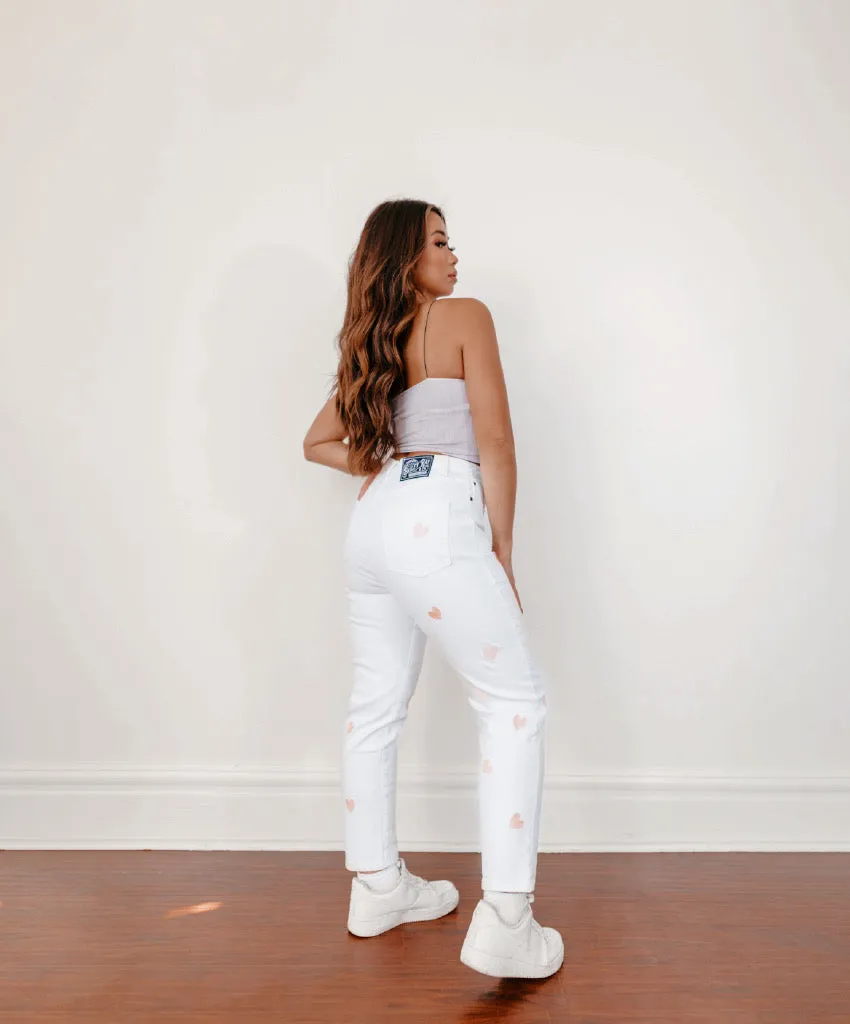 White Embroidered Heart High Waisted Jeans - The Carnation - Comfort Stretch