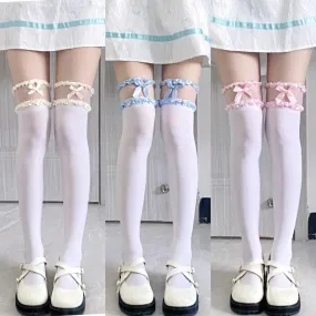 white lace thigh high socks with Bows and Lace - Cream, Blue, Pink