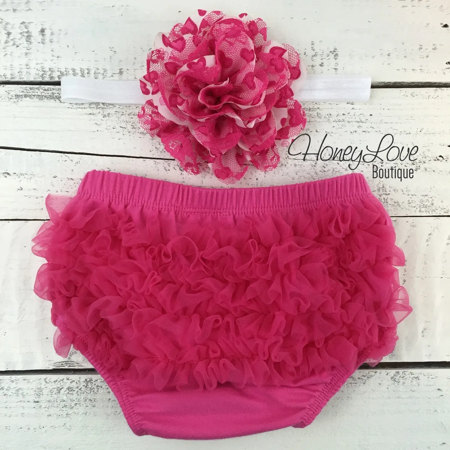 White/Hot Pink Heart leg warmers, flower headband, ruffle bottom bloomers