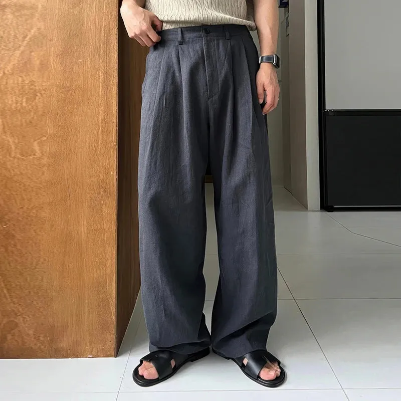 Wiaofellas  -  Men's Korean Light Luxury Draped Linen Wide Leg Pants Leisure Button-down Solid Color Straight Premium Elegant Sweatpants M-3XL