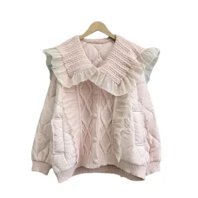 Winter Coquette Dollette Aesthetic Peter Pan Collar Knitted Patchwork Quilted Baby Pink Jacket