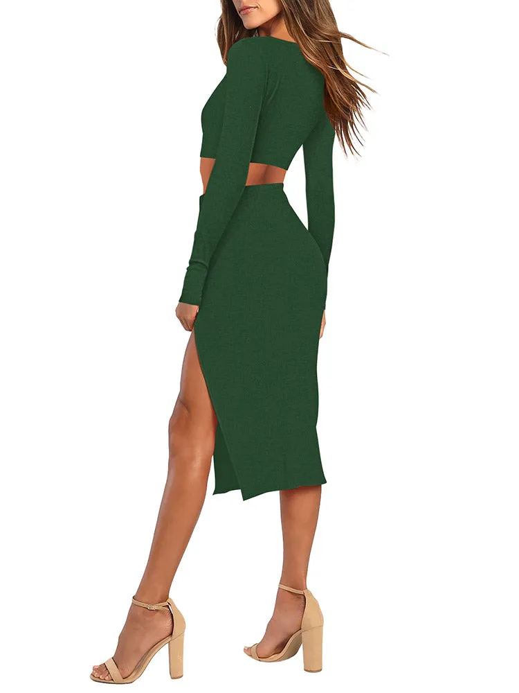 Women's 2 Piece Outfits Set Long Sleeve Crop Top Bodycon Slit Midi Skirt Sets