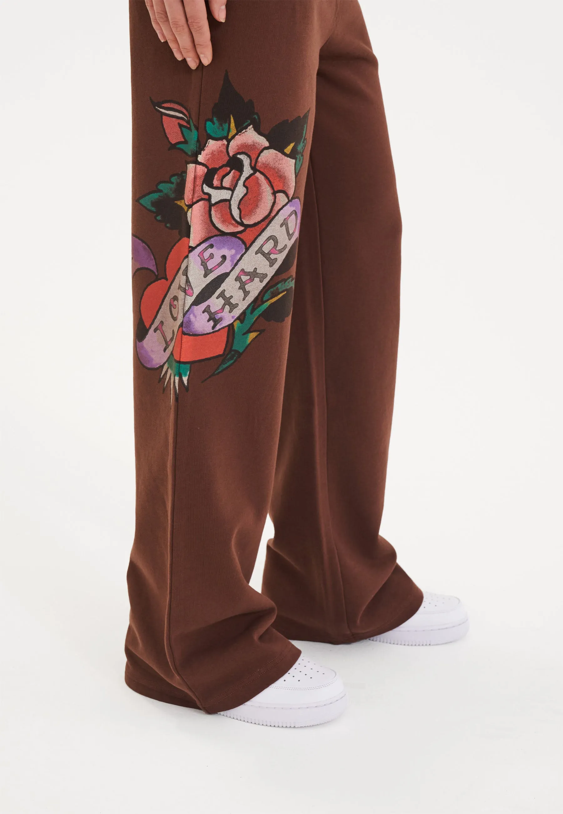 Womens Love Hard Relaxed Sweat Pants Trousers - Brown