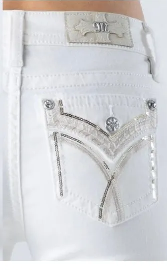 Women's Miss Me Sequin & Embroidered Fo Flap White Jean