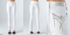 Women's Miss Me Sequin & Embroidered Fo Flap White Jean