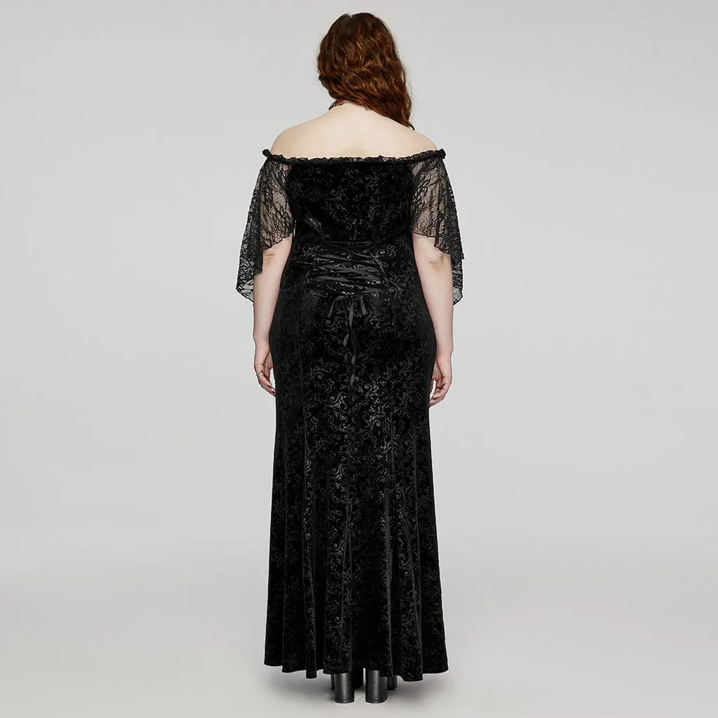 Women's Plus Size Gothic Off-the-shoulder Lace-up Velvet Gown Dress Wedding Dress