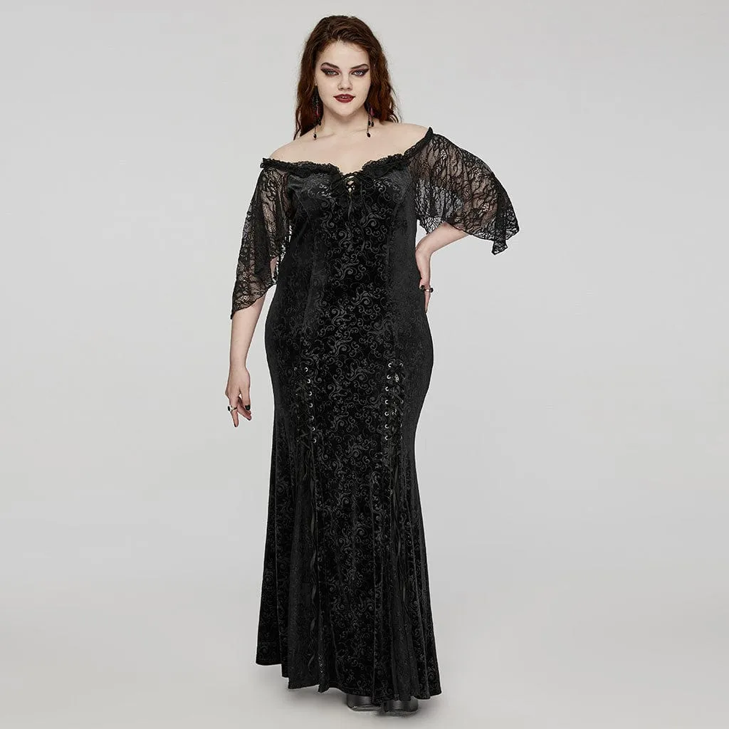 Women's Plus Size Gothic Off-the-shoulder Lace-up Velvet Gown Dress Wedding Dress