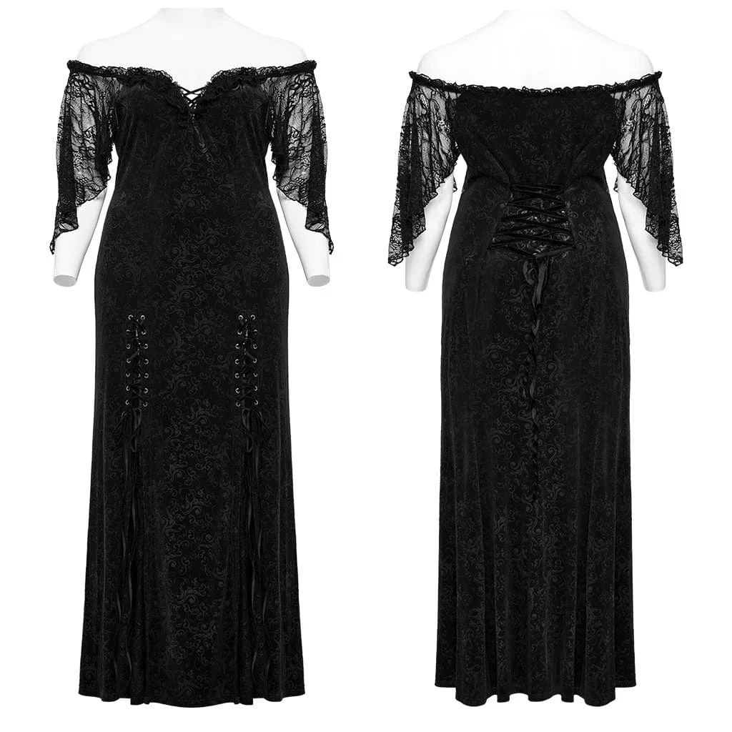 Women's Plus Size Gothic Off-the-shoulder Lace-up Velvet Gown Dress Wedding Dress