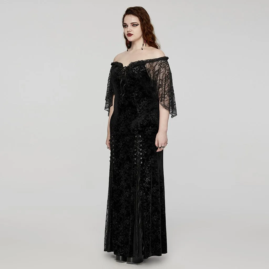 Women's Plus Size Gothic Off-the-shoulder Lace-up Velvet Gown Dress Wedding Dress