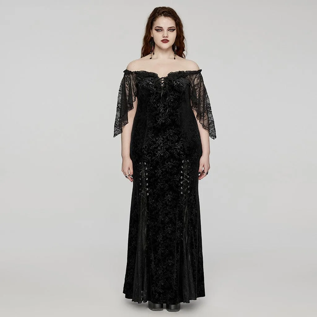 Women's Plus Size Gothic Off-the-shoulder Lace-up Velvet Gown Dress Wedding Dress