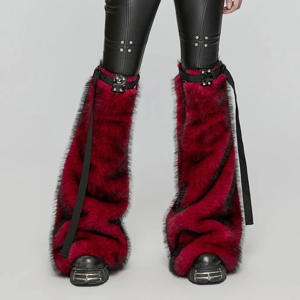 Women's Punk Buckle Faux Fur Leg Warmers Red