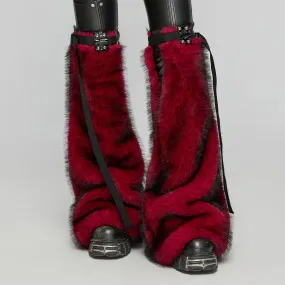 Women's Punk Buckle Faux Fur Leg Warmers Red