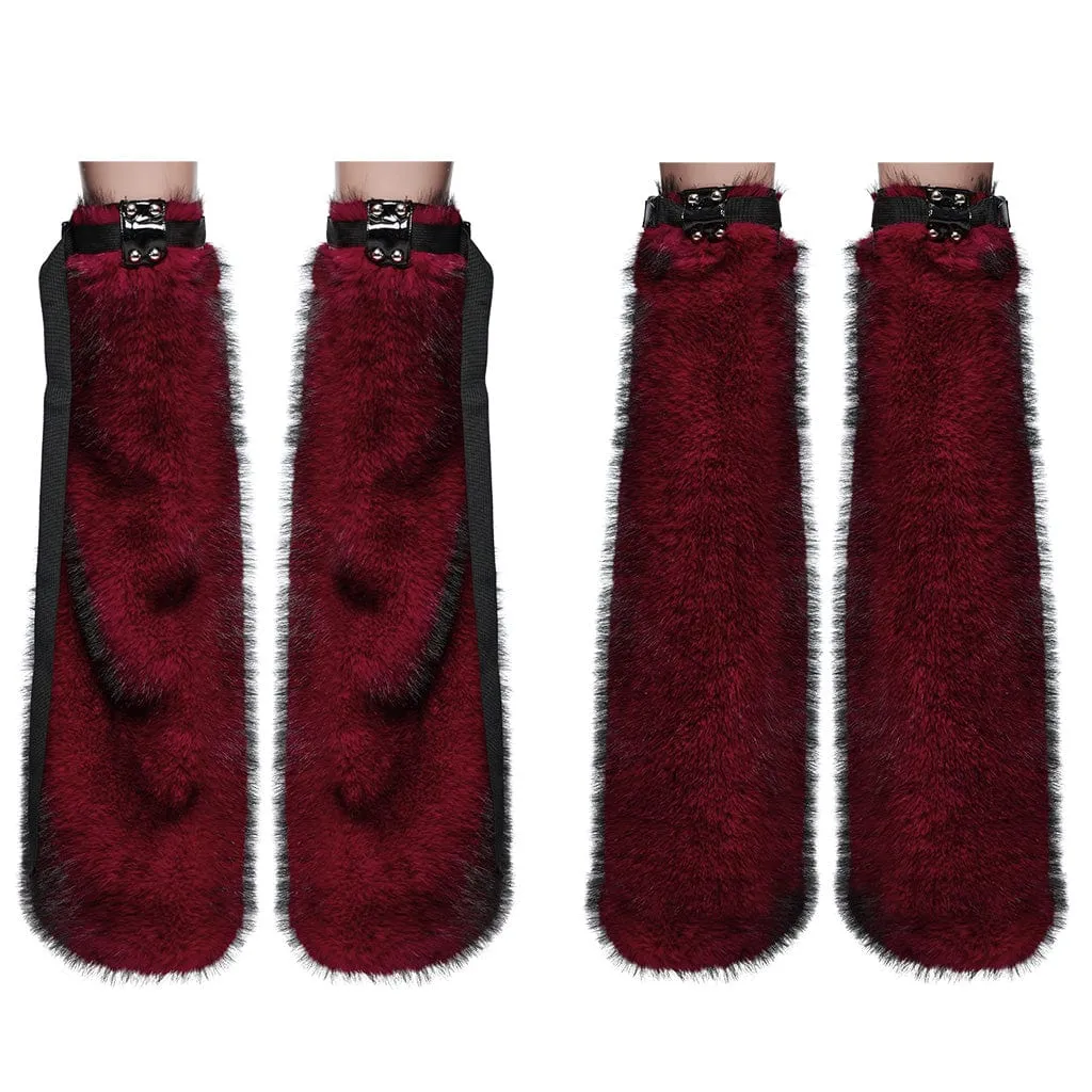 Women's Punk Buckle Faux Fur Leg Warmers Red