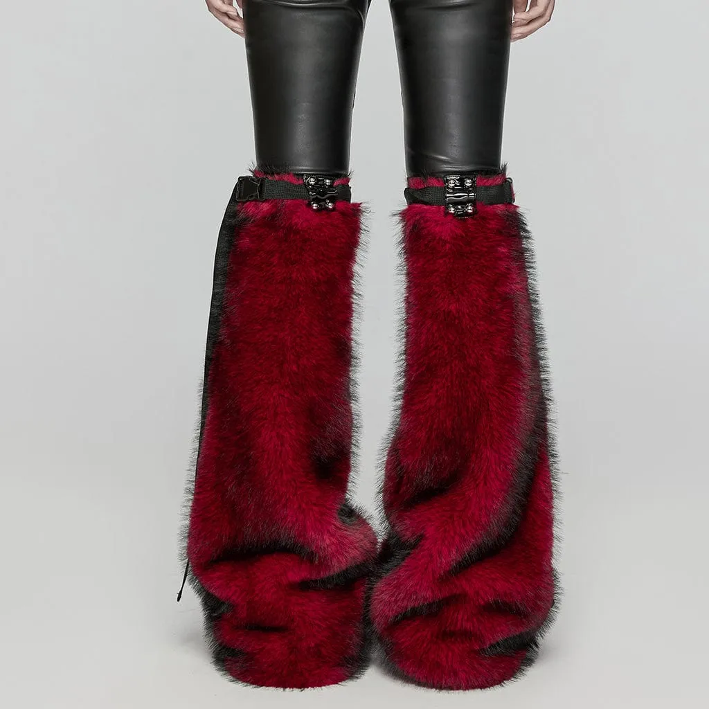 Women's Punk Buckle Faux Fur Leg Warmers Red