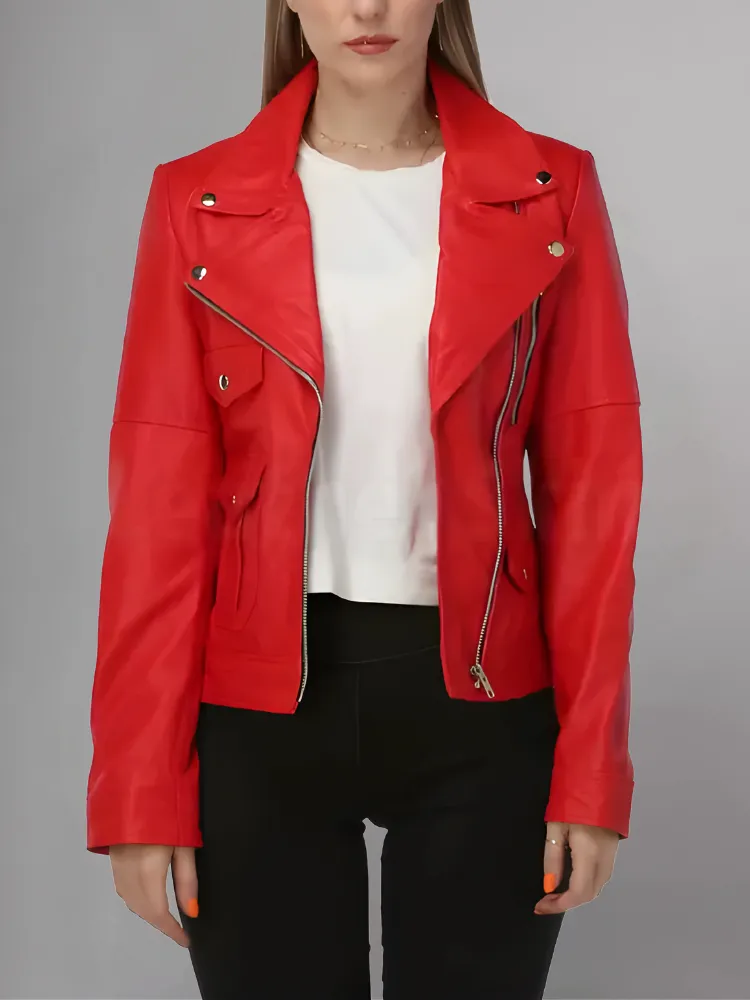 WOMEN’S RED LEATHER BIKER JACKET