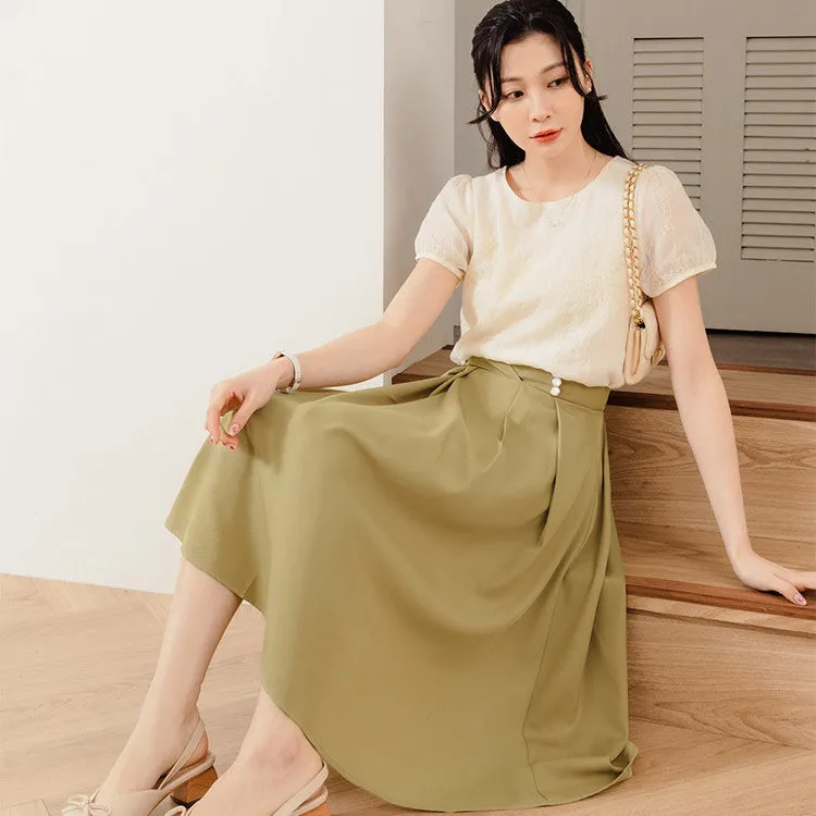 Work A-Line Pleated Button Midi Swing Skirt