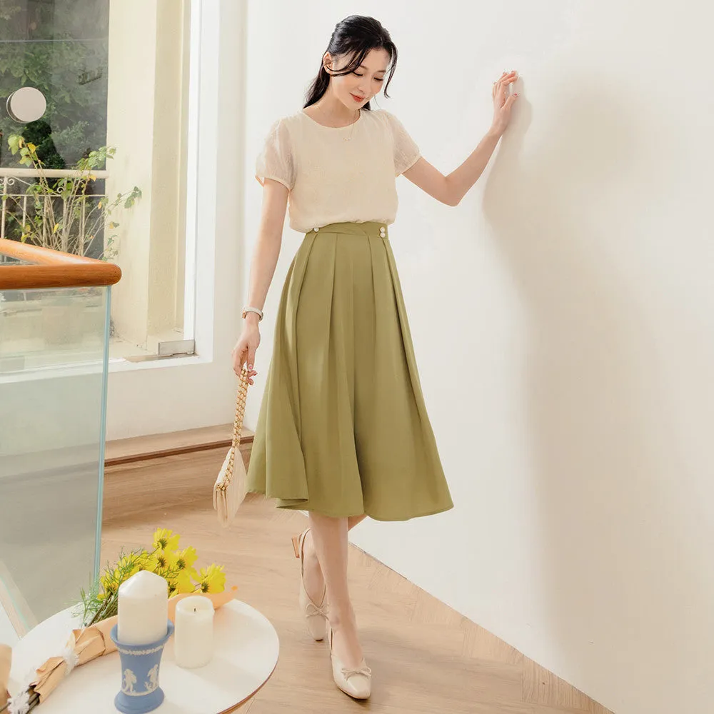 Work A-Line Pleated Button Midi Swing Skirt