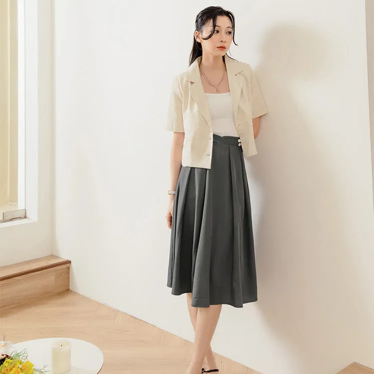 Work A-Line Pleated Button Midi Swing Skirt