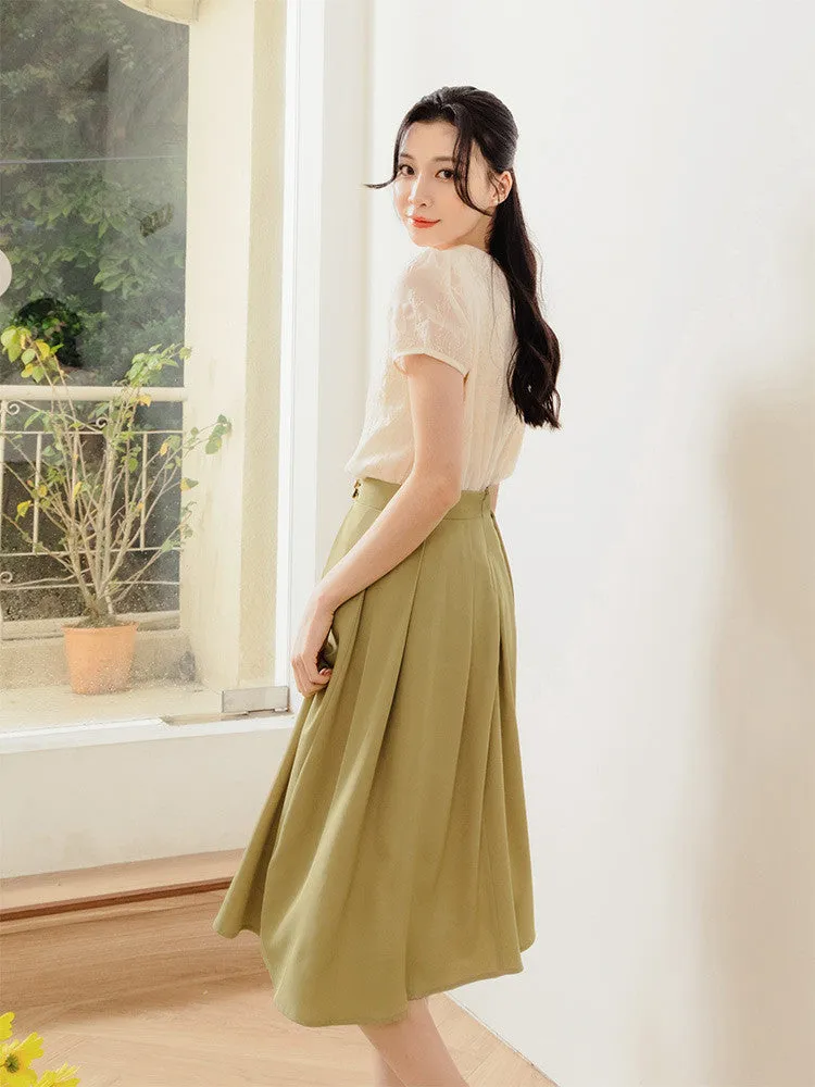 Work A-Line Pleated Button Midi Swing Skirt