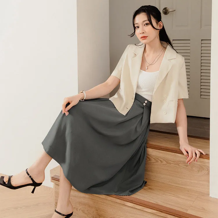 Work A-Line Pleated Button Midi Swing Skirt