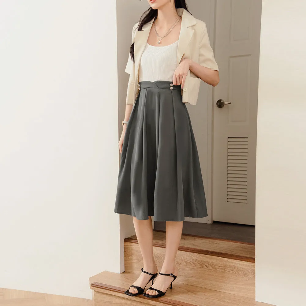 Work A-Line Pleated Button Midi Swing Skirt