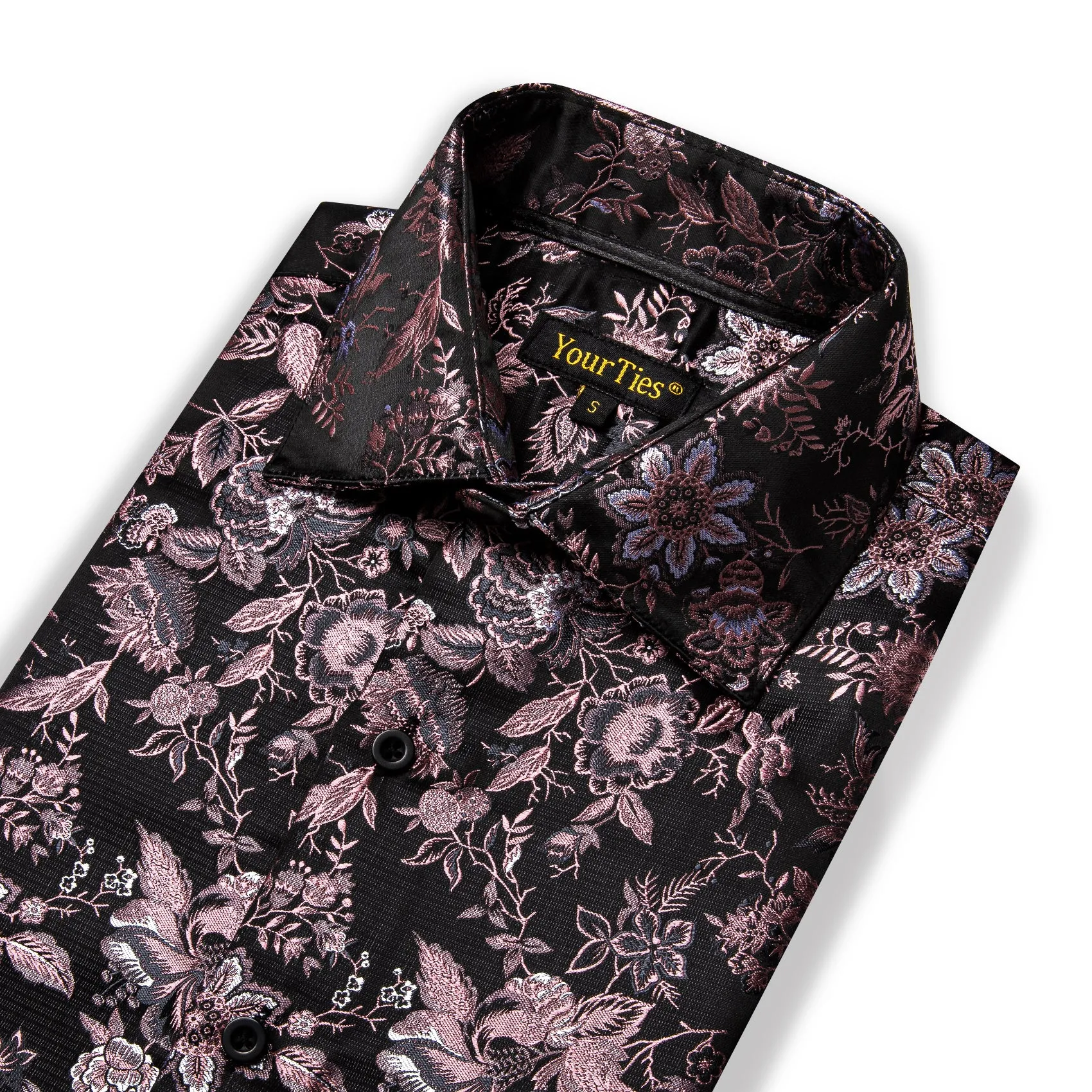 YourTies Black Mens Shirt Pink Jacquard Floral Long Sleeve Dress Shirt